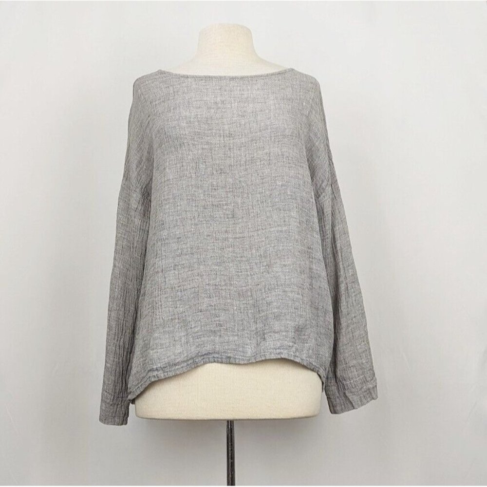 Elizabeth Suzann Top Gray Linen Crinkle Long Sleeve Misses M